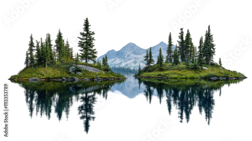 Lake landscape surrounded by pine forest transparent background photo
