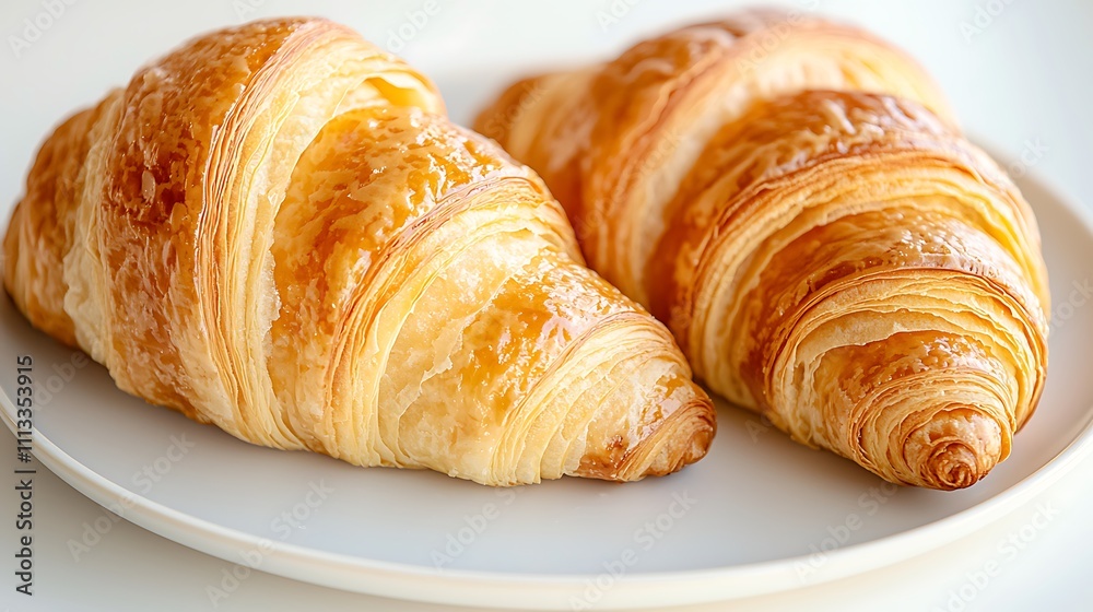 A flaky, buttery croissant sits on a delicate white porcelain plate, its golden exterior glistening under a thin layer of sugar glaze A flaky, buttery croissant sits on a delicate white porcelain plate, its golden exterior glistening under a thin layer of sugar glaze