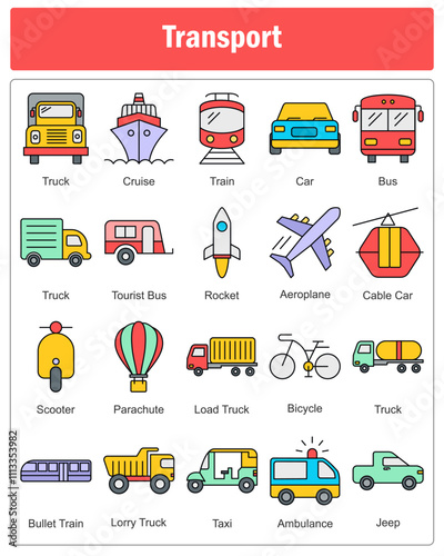 A set of 20 transport icons as truck, cruise, train