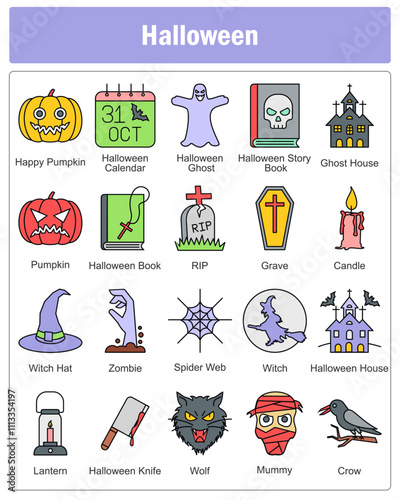 A set of 20 halloween icons as happy pumpkin, halloween calendar, halloween ghost