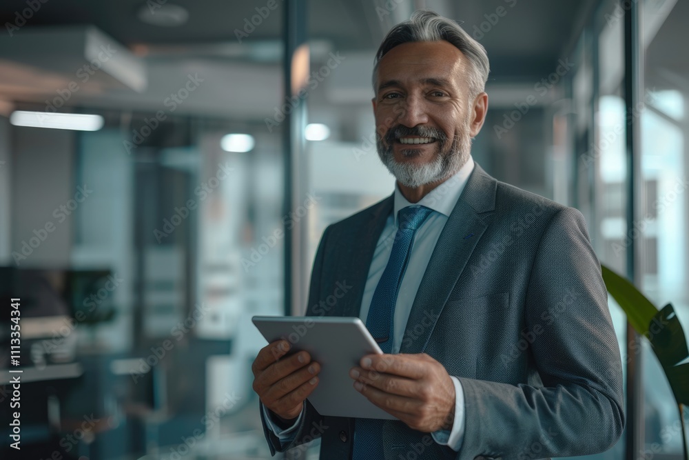 Happy middle aged CEO in office using digital tablet. Happy middle aged CEO in office using digital tablet.