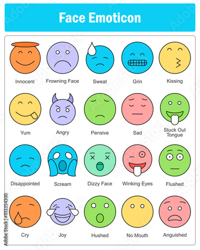 A set of 20 face emoticon icons as innocent, frowning face, sweat