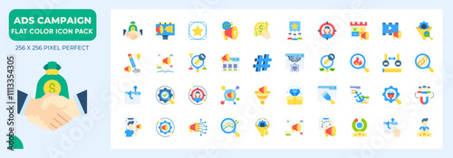 Flat icons pack about Ads Campaign. Contains such icons as branding,marketing, influencer and more.