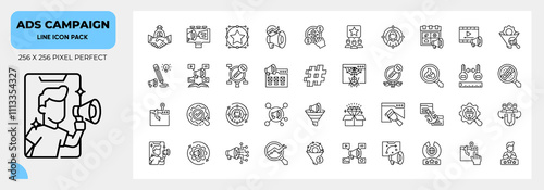 Line icons pack about Ads Campaign. Contains such icons as branding,marketing, influencer and more.