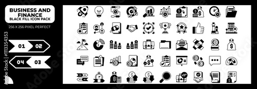 Business And Finance Black Fill Icons Pack, Contains Such Icons as rocket,finance,flowchart and more