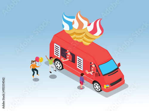 Red Ice Cream Truck Serving Happy Kids Outdoors 3d isometric vector illustration