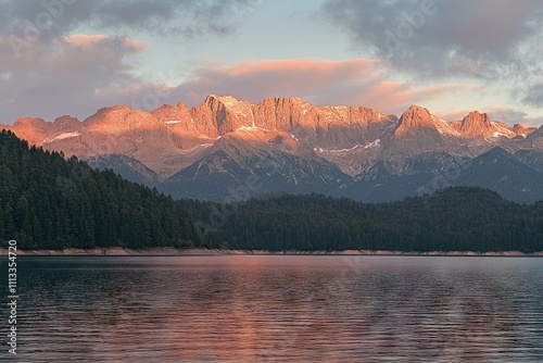 Sunrise Over Eibsee Lake with Majestic Mountains in the Background, AI generated illustration photo