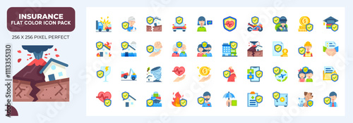 Insurance Flat Icons Pack, Contain Such as Car Insurance, Family Insurance, Insurance Police and More