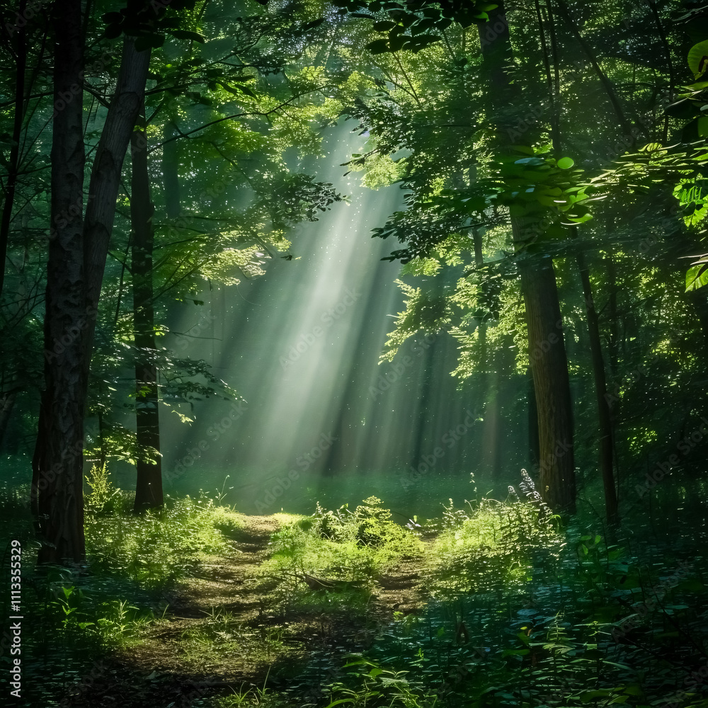 Fototapeta premium Sunlight in a Green Forest: Beautiful rays of sunlight filtering through a lush green forest, creating a serene and magical natural scene.
