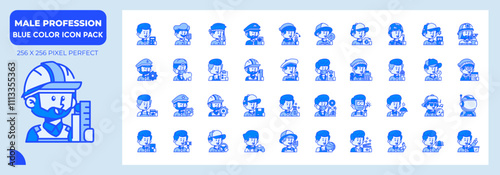 Male Profession Blue Icons Pack, Contain Such as Electrician, Archeologist, Architect, Gamer and More