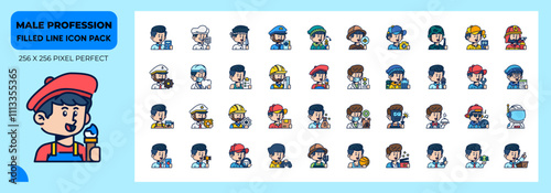 Male Profession Filled Line Icons Pack, Contain Such as Electrician, Archeologist, Architect, Gamer and More