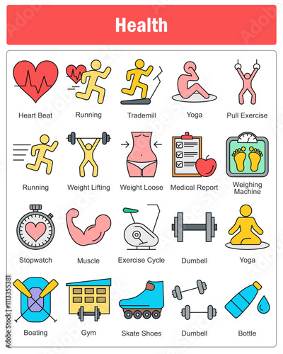 A set of 20 health icons as heart beat, running, treadmill