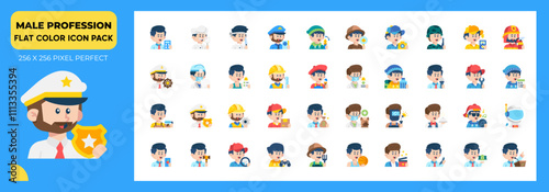 Male Profession Flat Icons Pack, Contain Such as Electrician, Archeologist, Architect, Gamer and More
