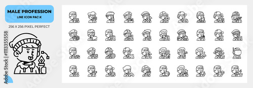 Male Profession Line Icons Pack, Contain Such as Electrician, Archeologist, Architect, Gamer and More