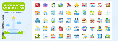 Place In Town Flat Icons Pack, Contain Such as Station, Fire Station, Zoo and More