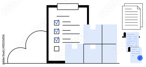 Large checklist with blue boxes, shipping boxes, a cloud, and various documents. Ideal for logistics, warehouse management, order fulfillment, shipping, and inventory control. Minimalist vector style