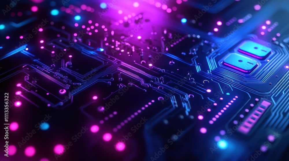 Fototapeta premium Neon Circuit Board: A Glowing Digital Landscape
