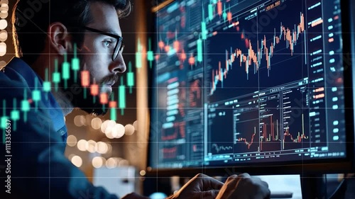 A man is looking at a computer screen with a lot of numbers and graphs