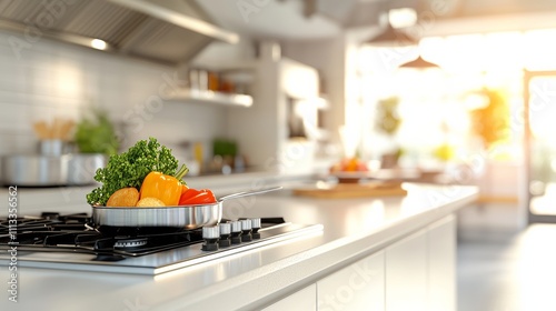 Modern Kitchen Prep: A bright and airy kitchen with fresh ingredients, a gleaming stovetop, and a warm, inviting atmosphere. The perfect setting for a delicious meal. 