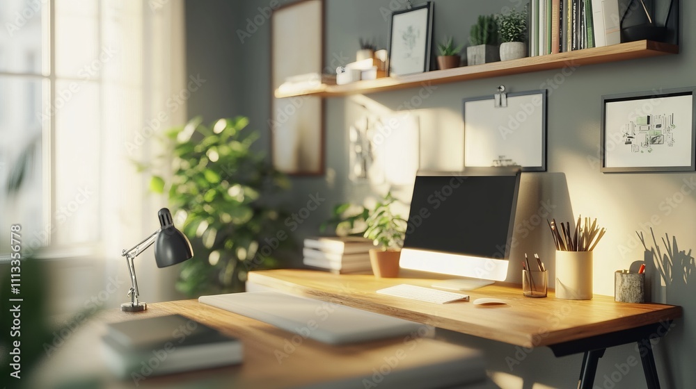 Fototapeta premium Modern Home Office Design with Wooden Desk and Bright Daylight. AI generated illustration