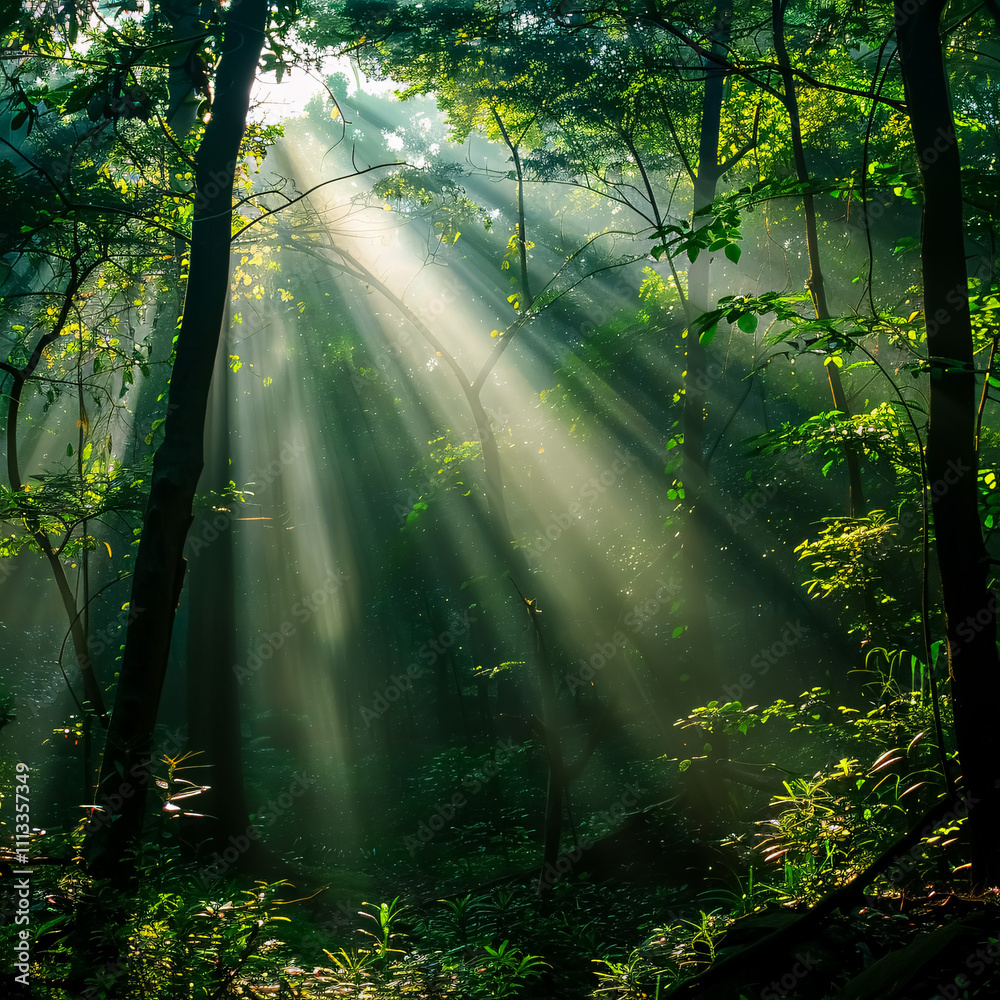 Sunlight in a Green Forest: Beautiful rays of sunlight filtering through a lush green forest, creating a serene and magical natural scene. Sunlight in a Green Forest: Beautiful rays of sunlight filtering through a lush green forest, creating a serene and magical natural scene.