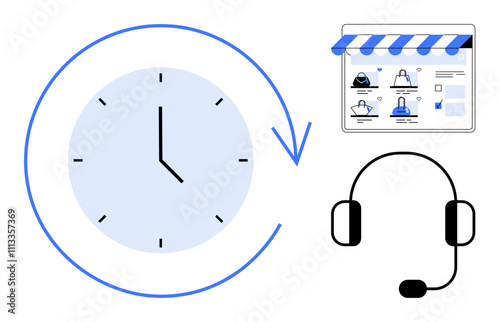 Clock with rotating arrow, online store interface, and headset. Ideal for e-commerce, customer service, time management, online shopping, scheduling business efficiency productivity. Line metaphor