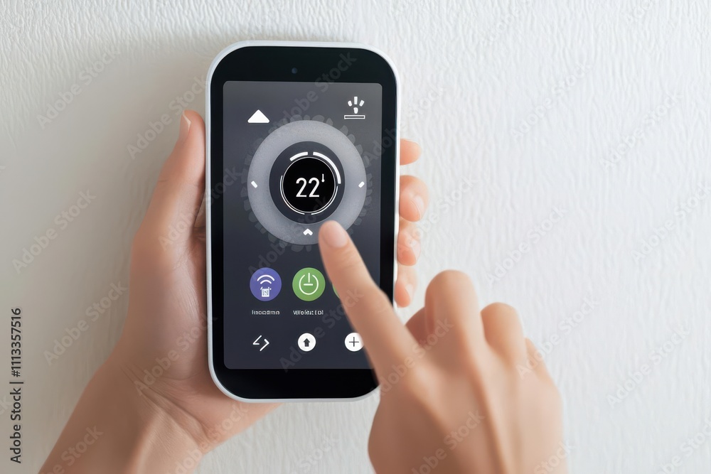 Hand interacting with smart home app, thermostat control screen, Watercolor style Hand interacting with smart home app, thermostat control screen, Watercolor style