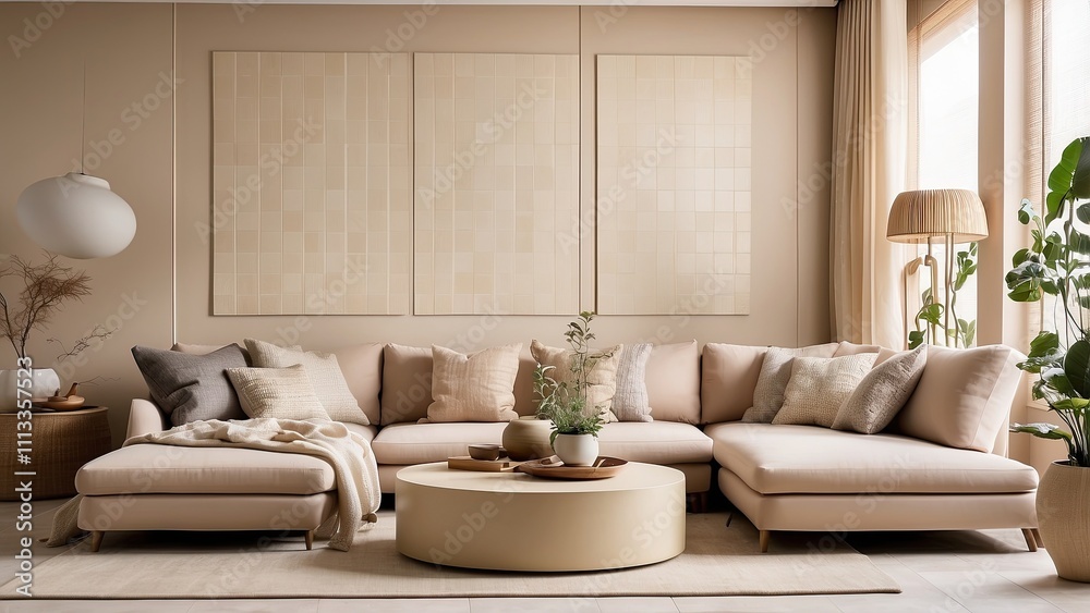 Interior design of a cozy living area including beige hues and a tiled wall- Interior design of a cozy living area including beige hues and a tiled wall-