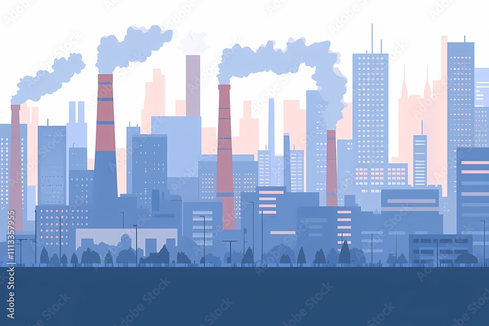 Naklejka premium Industrial skyline with smoky chimneys and urban buildings silhouette