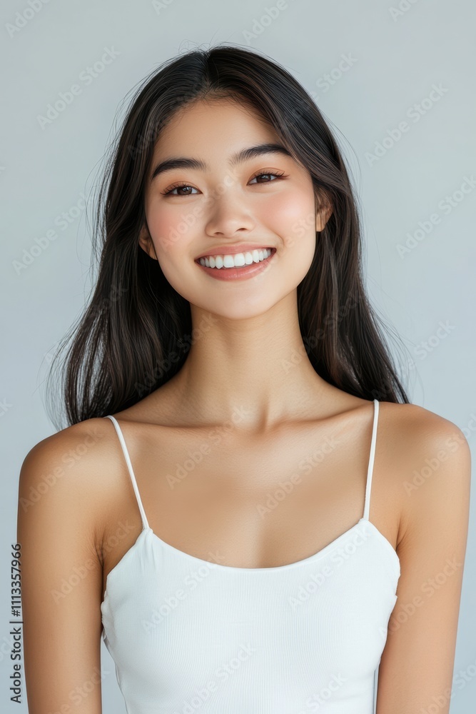 An Asian woman’s striking skin and confident pose highlight natural beauty and wellness, making her an excellent fit for cosmetic advertisements. An Asian woman’s striking skin and confident pose highlight natural beauty and wellness, making her an excellent fit for cosmetic advertisements.