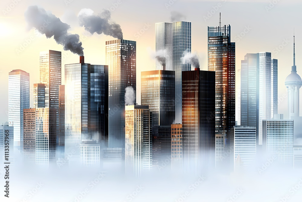 Urban Skyline at Sunrise with Fog and Industrial Elements Urban Skyline at Sunrise with Fog and Industrial Elements