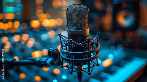 Close-Up of Professional Microphone with Pop Filter and Boom Arm