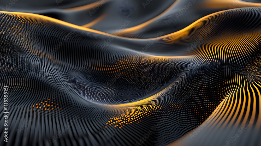 Dynamic flowing patterns in abstract black and gold waves digital art studio close-up view modern aesthetic design