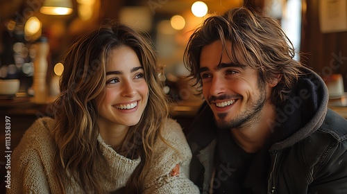 Couple laughing over coffee at a cozy cafe, mid angle, warm ambient light. 