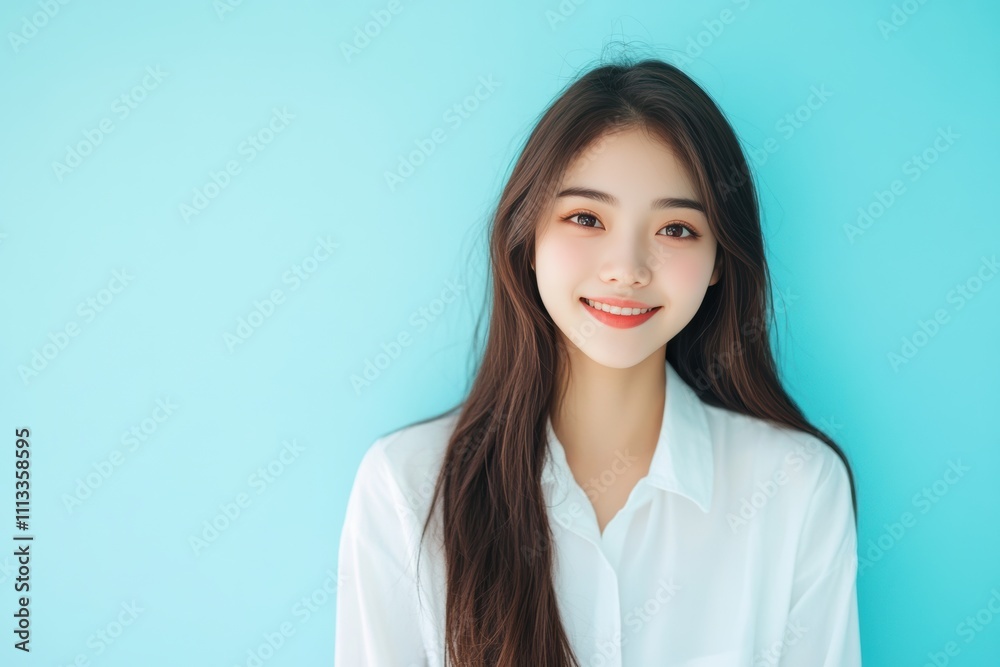Beautiful Asian girl with long dark hair stands smiling warmly in front of a turquoise background. She is wearing a simple white shirt, exuding natural beauty and positivity. Beautiful Asian girl with long dark hair stands smiling warmly in front of a turquoise background. She is wearing a simple white shirt, exuding natural beauty and positivity.