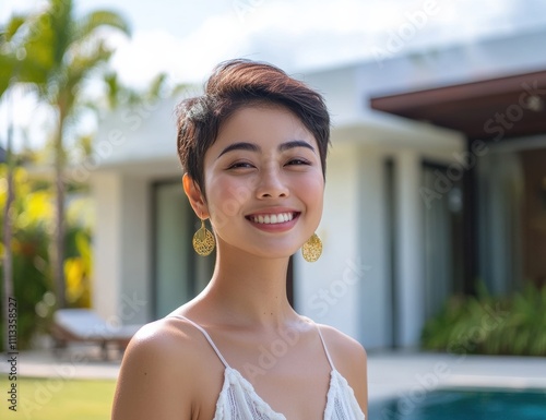 Poolside in a white bikini, a young Asian woman’s radiant smile and carefree demeanor capture the essence of summer relaxation and luxury, enhanced by the vibrant pool setting. Free Download Poolside in a white bikini, a young Asian woman’s radiant smile and carefree demeanor capture the essence of summer relaxation and luxury, enhanced by the vibrant pool setting. - GFXLoad