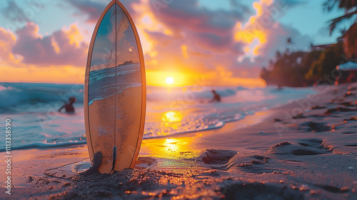 Surfboard with Tropical Design on Sandy Beach at Sunset