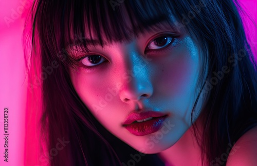 A conceptual image of an Asian woman with black shoulder-length hair and bangs, illuminated by red-pink neon light, her expression smooth and unreadable, hinting at deep thoughts.