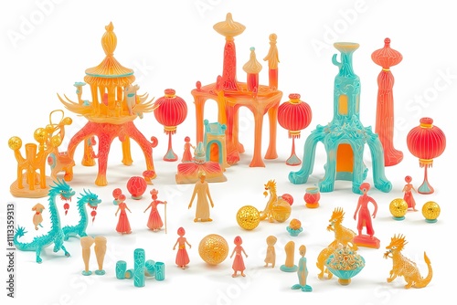 Colorful Eastern Themed Figurines and Structures in Playful Arrangement