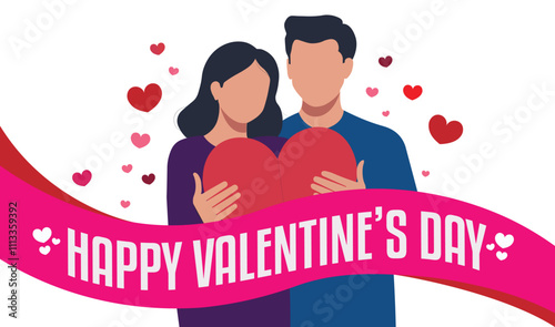A Vector illustration of a faceless female and man holding a large red heart for Happy Valentine's Day