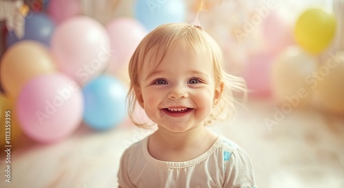 A charming little girl smiles while celebrating her first birthday, surrounded by colorful balloons and decorations in the background.