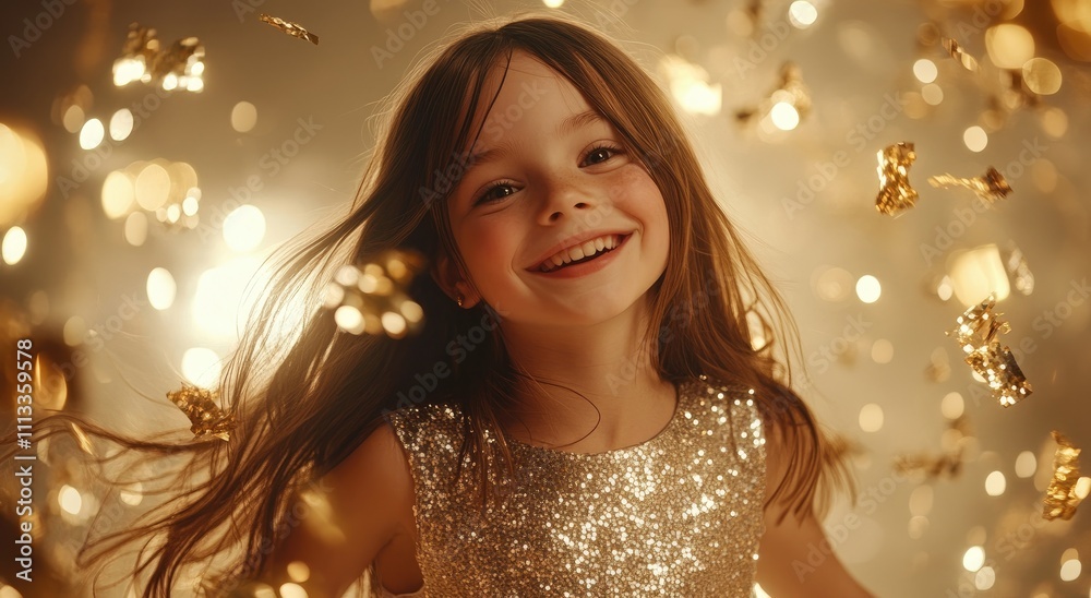 an adorable girl with long brown hair, smiling and wearing a silver sequin dress, surrounded by golden confetti an adorable girl with long brown hair, smiling and wearing a silver sequin dress, surrounded by golden confetti