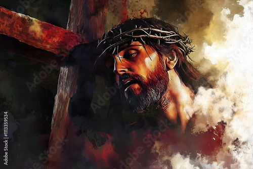 Jesus Christ carrying the cross of suffering symbolizing death, sacrifice and resurrection painting.