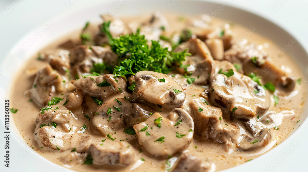 Beef Stroganoff: Beef Stroganoff with tender strips of beef, mushrooms, and a creamy sauce served over noodles or rice on a white background. Beef Stroganoff: Beef Stroganoff with tender strips of beef, mushrooms, and a creamy sauce served over noodles or rice on a white background.