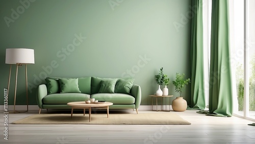 hite walls and a green-toned, empty living room. Background of home goods, interior, indoors, backdrop.- photo