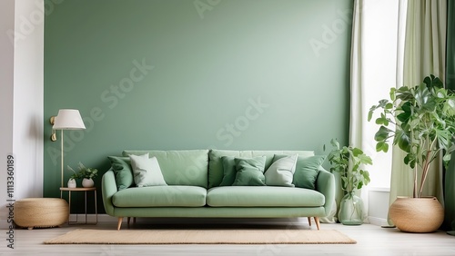 hite walls and a green-toned, empty living room. Background of home goods, interior, indoors, backdrop.-