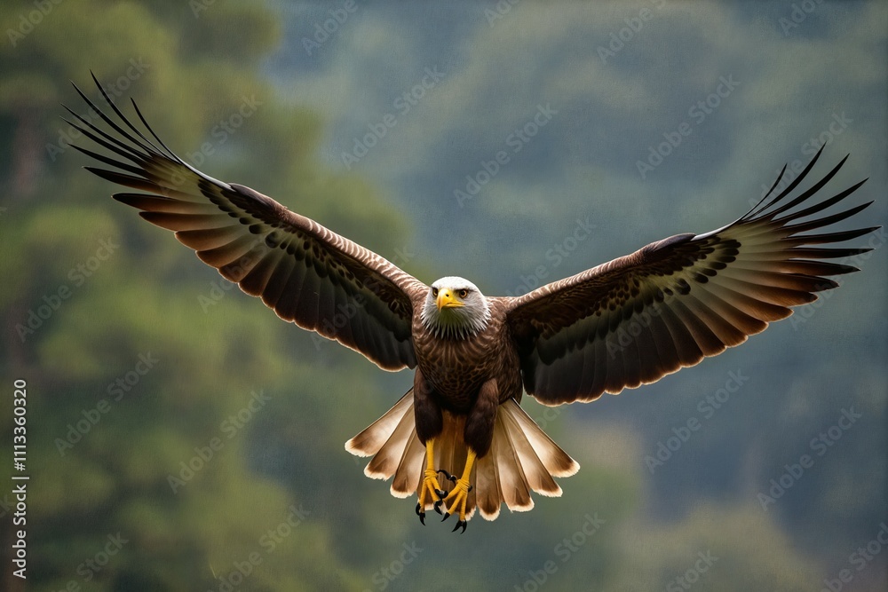 Obraz premium Majestic Bald Eagle in Flight Over Lush Green Forest