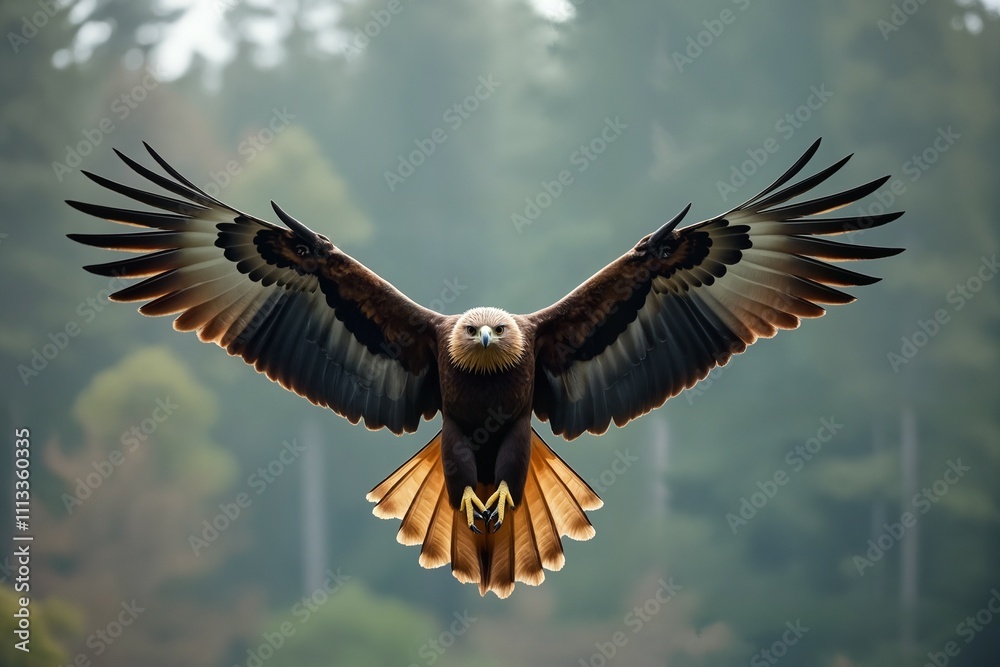Obraz premium Majestic Golden Eagle in Flight Over Lush Forest
