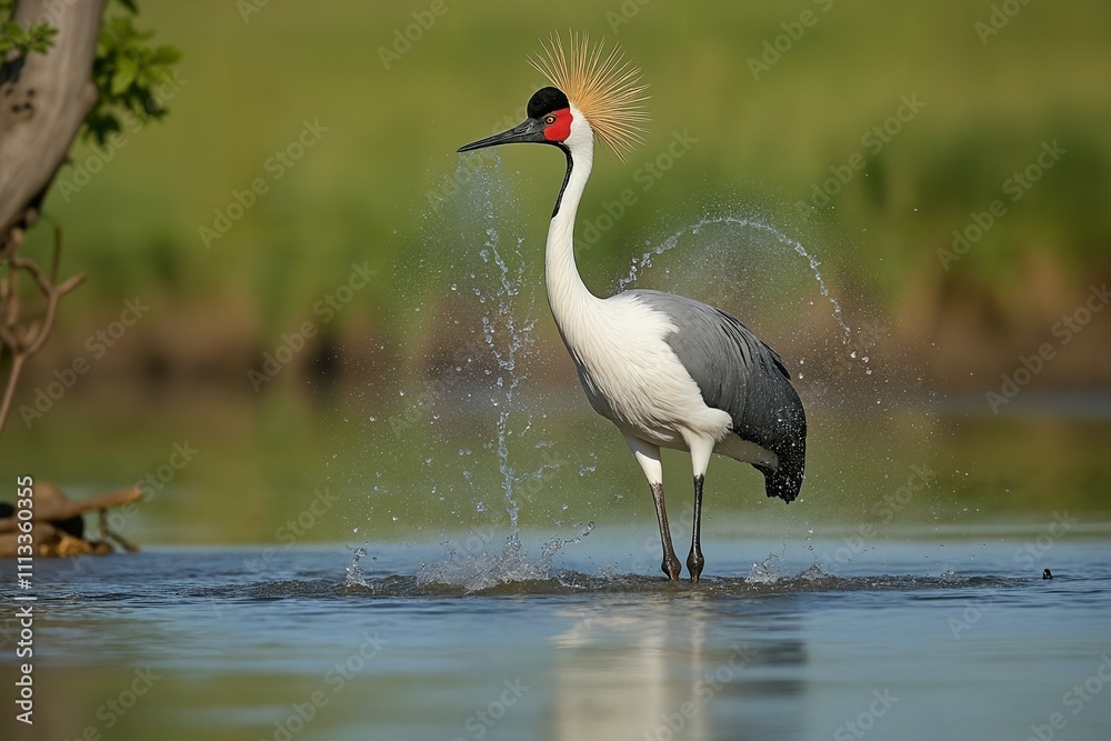 Fototapeta premium Grey Crowned Crane Splashing in Water