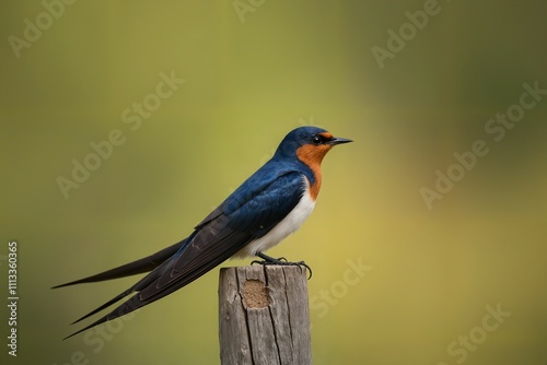 Red-throated Swallow Perched on Wooden Post Against Blurred Green Background